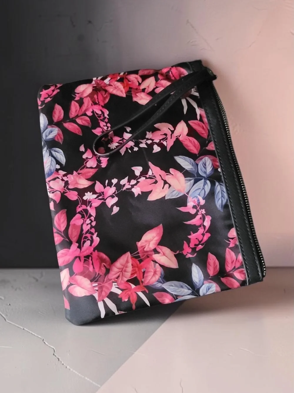 Tommy Bahama Black Wristlet Clutch with Pink Floral Print